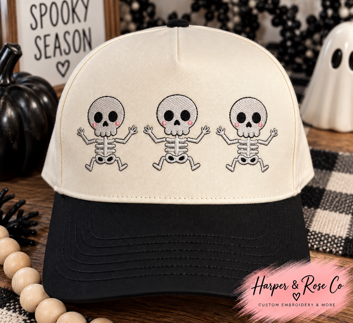 Dancing Skeleton Embroidered Trucker Hat 💀🖤