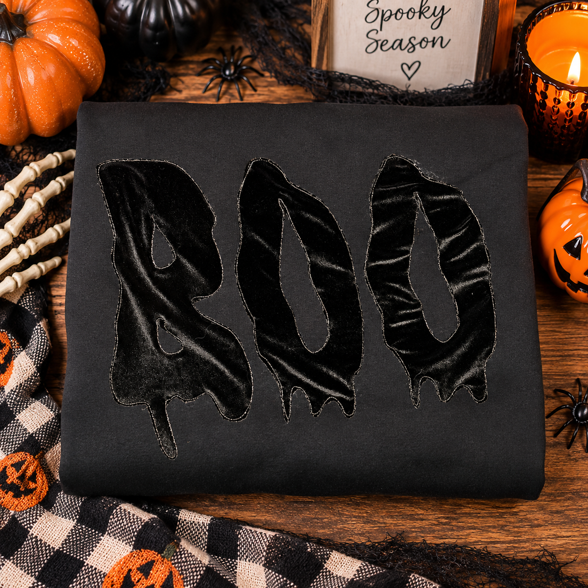 BOO Satin Appliqué Halloween Crewneck 👻🖤