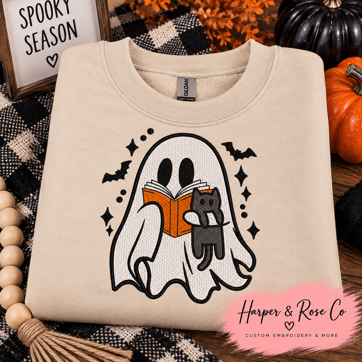 Ghost Reading with Cat Embroidered Halloween Crewneck 👻📖🐈⬛