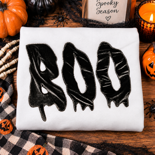 BOO Satin Appliqué Halloween Crewneck 👻🖤