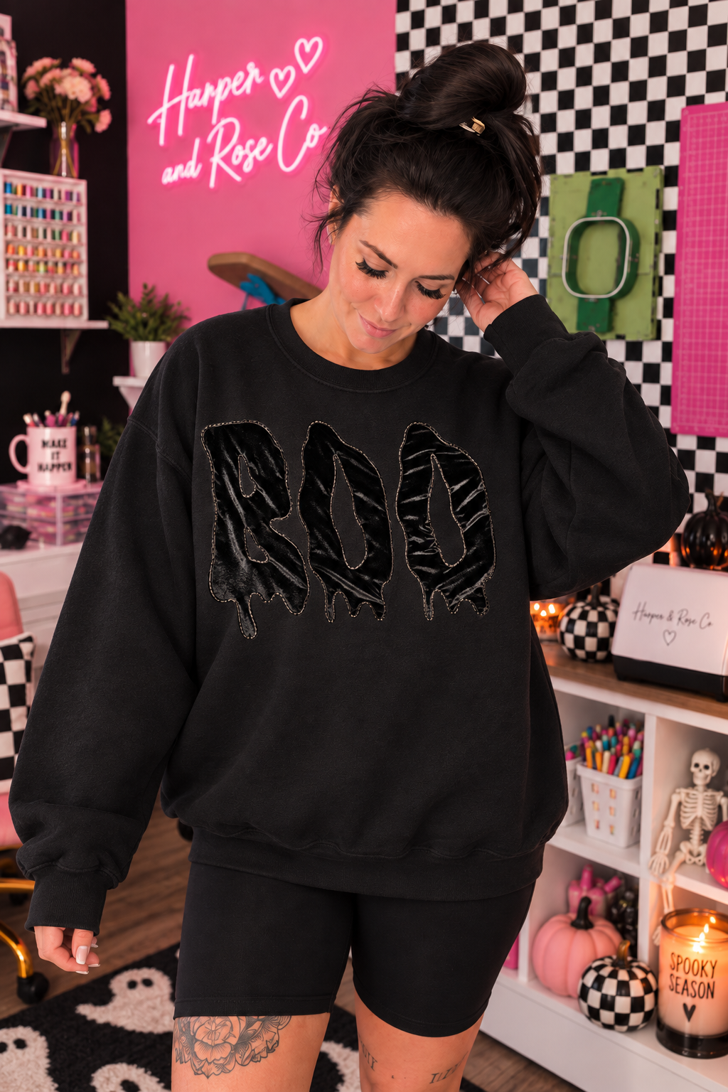BOO Satin Appliqué Halloween Crewneck 👻🖤