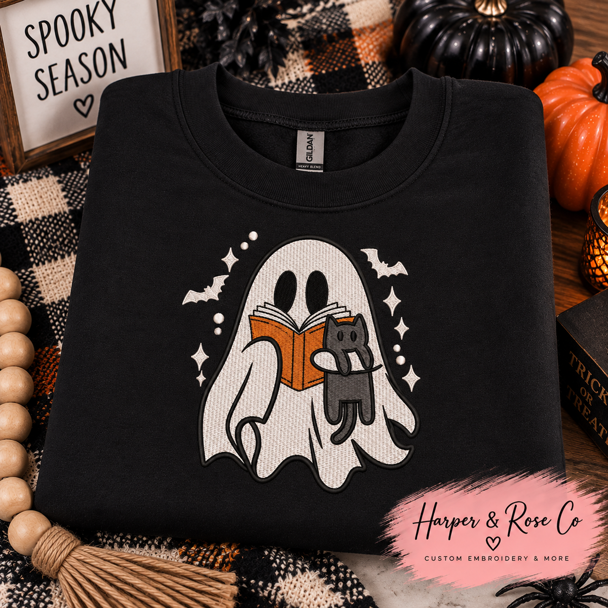Ghost Reading with Cat Embroidered Halloween Crewneck 👻📖🐈⬛