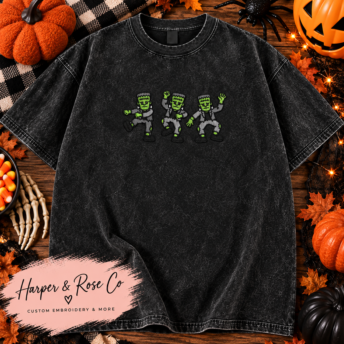 Dancing Frankenstein Embroidered Acid-Wash Tee 💚🖤