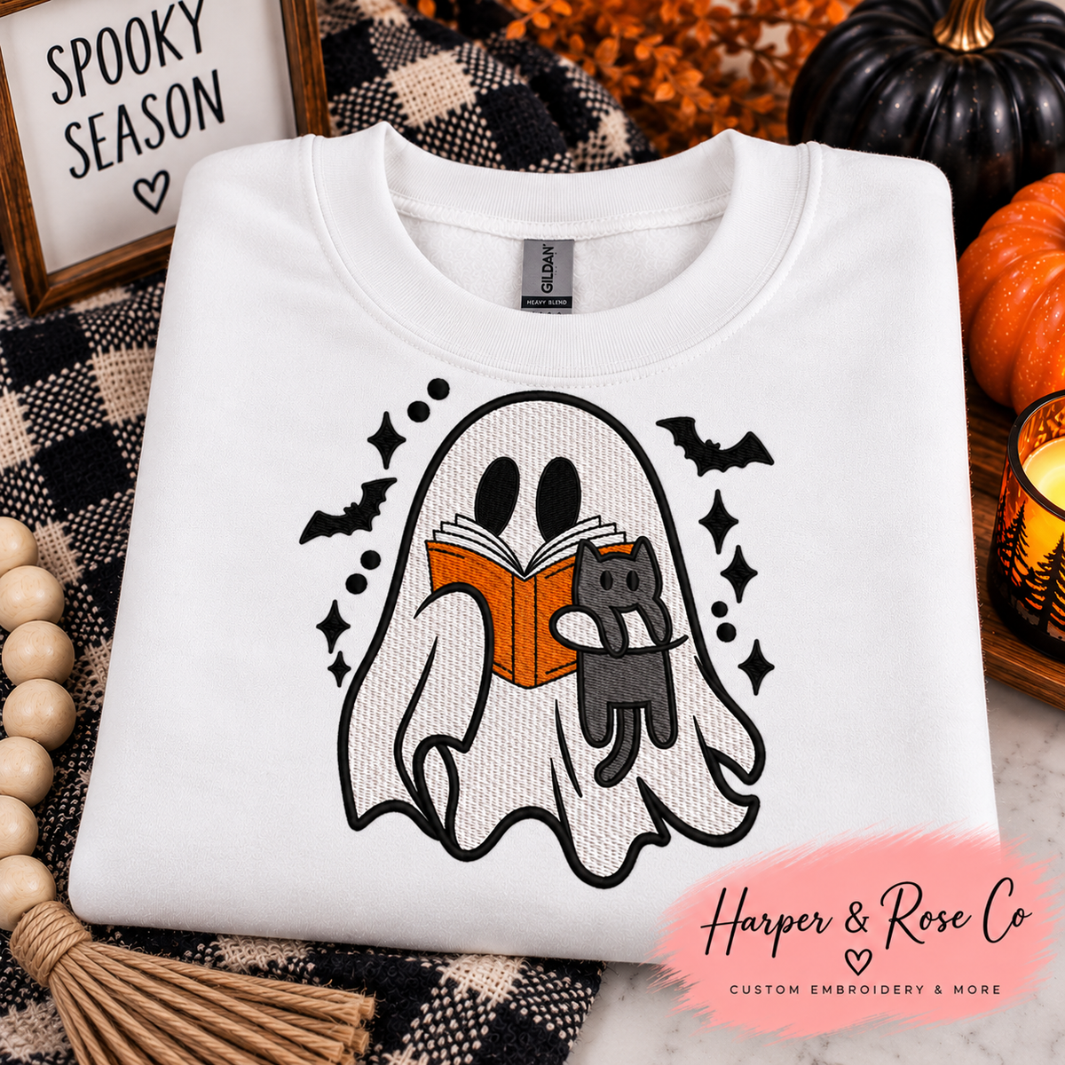 Ghost Reading with Cat Embroidered Halloween Crewneck 👻📖🐈⬛